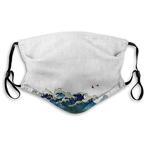 Fashion Windproof Mask Japanese Wave Aquatic Swirls Birds of Ocean Ukiyo-e Style Artwork Greyscale Background Grey Blue Cream Printed Facial Decorations For Child Teens