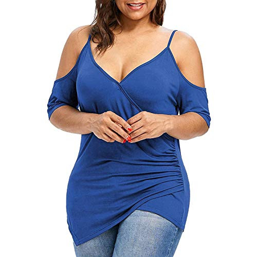 Hmazy Women Short Sleeve O-Neck Shirts Plus Size Cutout Off Shoulder Summer Short Sleeve Loose Casual Top Blue