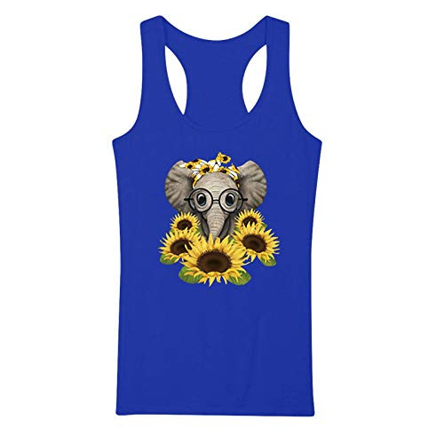 Lenago Women Casual O Neck Vest Sunflower Print Camis Sleeveless T-Shirt Tank Top Vest -BlueS-