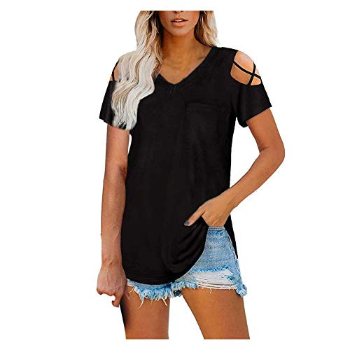 XCeihe Women's Tops Summer T Shirt O-Neck Short Sleeve Blouse 2021 Cold Shoulder Casual Solid Color T Shirt for Women Black