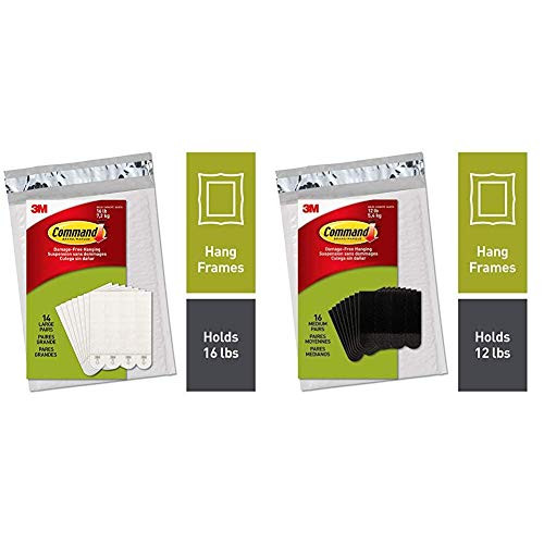 Command Picture Hanging Strips Decorate Damage-Free 14 Pairs -28 Strips- Indoor Use White -PH206 w-Picture Hanging Strips Medium 16 Pairs -36 Strips- Easy to Open Packaging -PH204BLK-16NA-