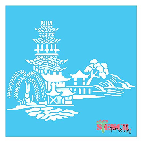 Japanese Village Stencil Best Vinyl Large Stencils for Painting on Wood Canvas Wall etc.-L -16" x 12.5"- Brilliant Blue Color Material