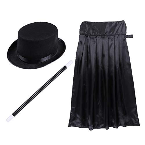 JEATHA Kids Kiddie Magician Costume Pretend Play Dress Up Set with Top Hat Black Cape Cloak Magic Wand White Gloves for Halloween Christmas STS B -Hat plusWand plusCape- One Size