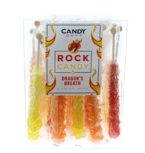 Dragon's Breath Rock Candy Sticks - 18 Count - Large Individually Wrapped Rock Candy On a Stick - Red Orange Yellow Rock Candy - Includes "How to Build a Candy Buffet" Guide -18 Count-