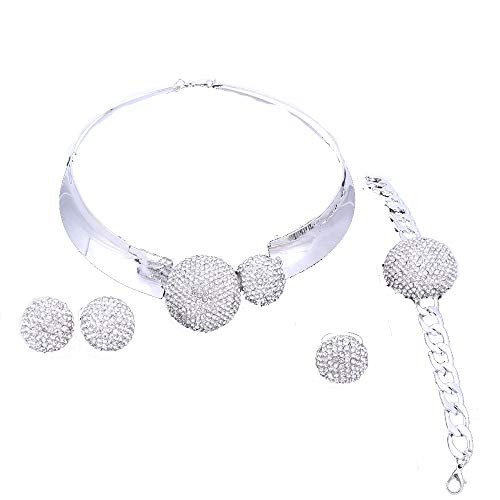 OUHE 18K Silver Plated Crystal Jewelry Sets Women Costume Wedding Party Statement Necklace Earrings Bracelet Ring -Silver-