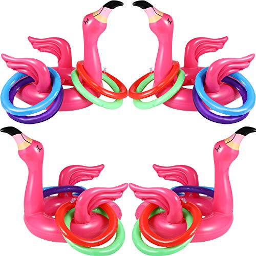 4 Pieces Inflatable Flamingo Ring Toss Head Game Target Toss and 16 Pieces Inflatable Rings for Pool Beach Party Supplies