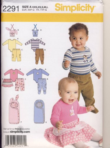 Simplicity Sewing Pattern 2291 - Use to Make - Baby Clothes and Bunting - Pants Bodysuit Skirt Bib - Sizes XXS - L -7 - 24 pounds-