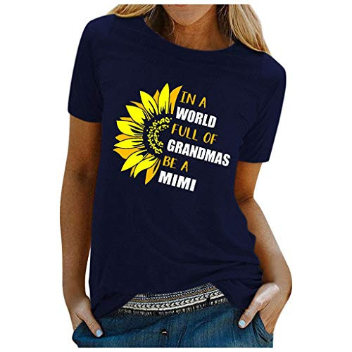 Hotkey Womens Short Sleeve Tops Sunflower Print Letter Print Tee Top Solid O Neck Shirts T-Shirts Blouse Navy
