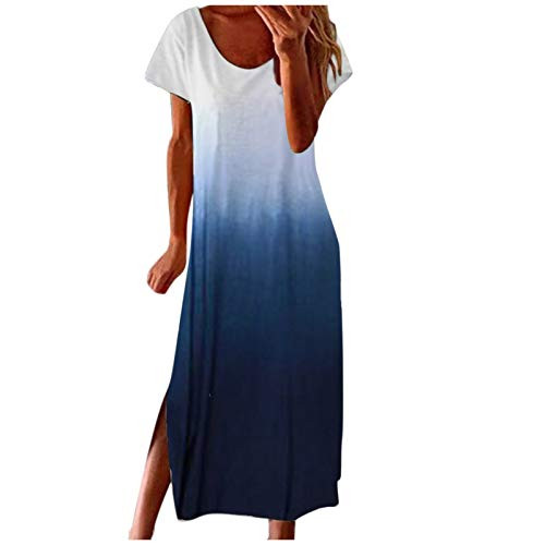 Women's Casual Loose Long Dress Short Sleeve Side Split Maxi Dresses O Neck Tie Dye Dresses Blue Women's Casual Loose Long Dress Short Sleeve Side Split Maxi Dresses O Neck Tie Dye Dresses Blue