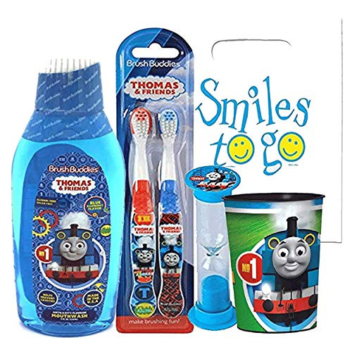 Thomas  and  Friends 5pc Bright Smile Oral Hygiene Bundle Thomas The Train 2pk Manual Toothbrush Mouthwash Brushing Timer  and  Rinse Cup Plus Dental Gift Bag  and  Tooth Saver Necklace