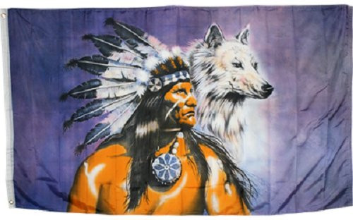 K's Novelties 3x5 Indian Chief Native American Wolf Flag Includes 2 Flag Clips