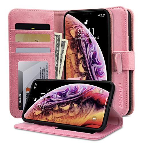 iPhone Xs Wallet Case, Labato iPhone X Genuine Leather Folio Flip Case Cover Magnetic Stand Function with Card Holder, Support Wireless Charging, Auto Sleep/Wake Function for Apple iPhone Xs Pink