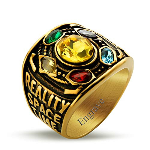 Valily Custom Marvel Avengers Thanos Ring Gold for Men Stainless Steel Infinite Power Ring Gauntlet Crystal Ring Infinity War Keyring Size 6
