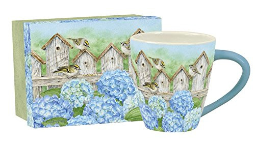 LANG - 17 oz Ceramic Cafe Mug -"Hydrangea Fence" - Artwork by Jane Shasky