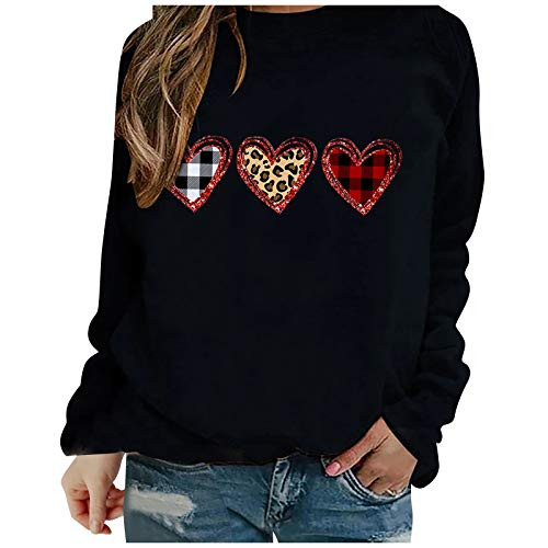 Lenago Women's Sweatshirt Valentine's Day Print Blouse Tops Loose Long Sleeve Tunic Shirt Casual O-Neck Pullover Tops -XXLBlack-