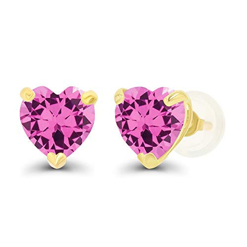 Genuine 14K Yellow Gold Plated Sterling Silver 6mm Heart Created Pink Sapphire Birthstone Genuine Stud Earrings For Women and Girls