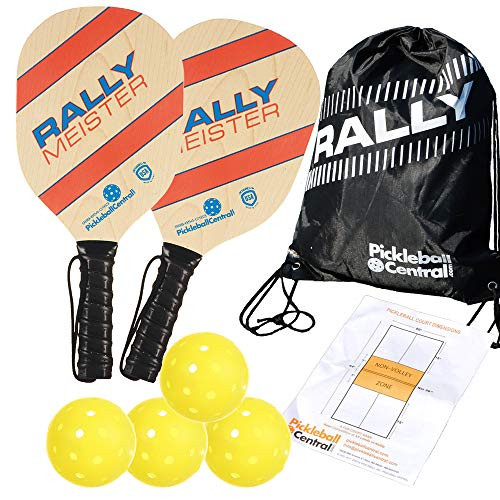 Rally Meister Beginner Wood Pickleball Paddle Set for 2 Players -2 Paddles  plus 4 Outdoor Pickleballs  plus Drawstring Bag  plus Rules-Strategy Guide-