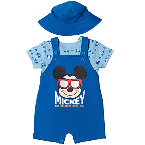 Disney Mickey Mouse Baby Boys French Terry Shortalls T-Shirt Hat Set Blue 18 Months