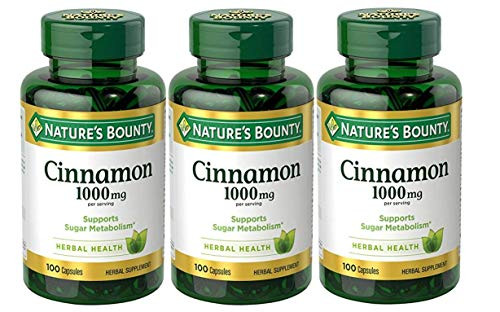 Cinnamon by Nature's Bounty Herbal Supplement Supports Sugar Metabolism 1000mg 100 Capsules -Pack of 3-