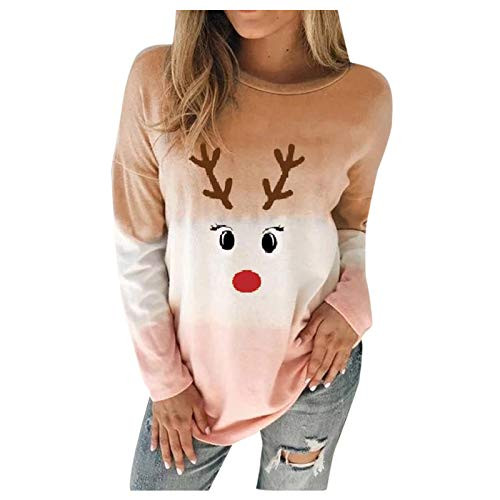 FUNEY Christmas Pattern Printed O-Neck Loose Long Sleeves Tops Blouse Casual Gradient Pullover Sweatshirt for Women Khaki