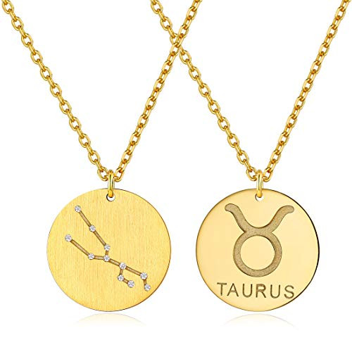 18K Gold Plated Sterling Silver Astrology Constellation Horoscope Zodiac Round Disc Necklace 18-20"-Taurus 18K Gold Plated Sterling Silver Astrology Constellation Horoscope Zodiac Round Disc Necklace 18-20"-Taurus