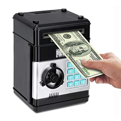 Setibre Piggy Bank Electronic ATM Password Cash Coin Can Auto Scroll Paper Money Saving Box Toy Gift for Kids -Black-