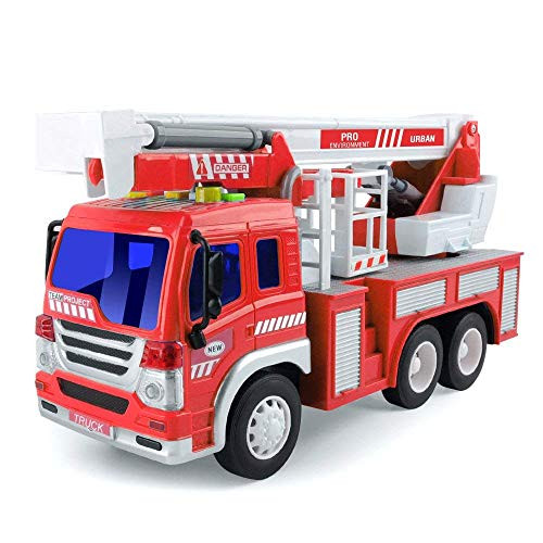 WiCool Friction Power Fire Truck Toy with Lights and Sounds, Extending Rescue Rotating Ladder Pull Back Vehicles for Kids & Toddlers, 1:16 Scale