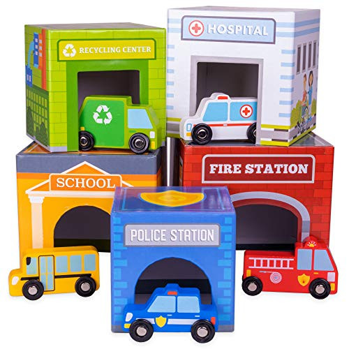Little City Match & Stack Nesting Blocks | 5 Cars and Stackable Buildings | Vehicles Fit into Colorful Cube Shapes | Includes Police Car, Ambulance, Recycling Truck, School Bus, and Firetruck