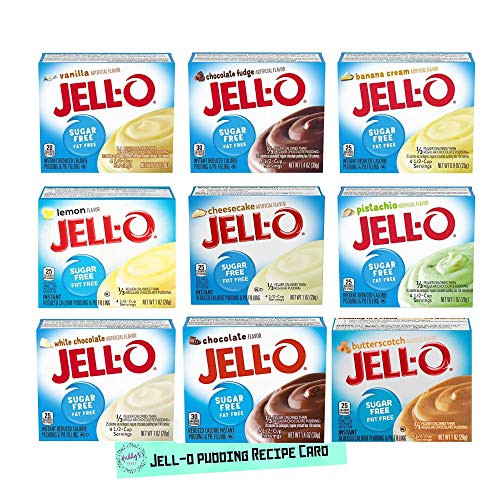 Jello Instant Pudding Mix Sugar Free 9 Flavors Variety Pack with Recipe Card