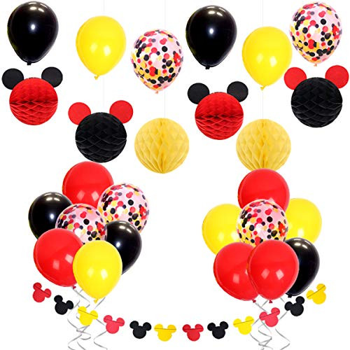 Mickey Mouse Party Decorations with Confetti Balloons Red Yellow Black, Mickey Ears Garland, Paper Honeycomb Balls for Baby Shower, Birthday Decorations