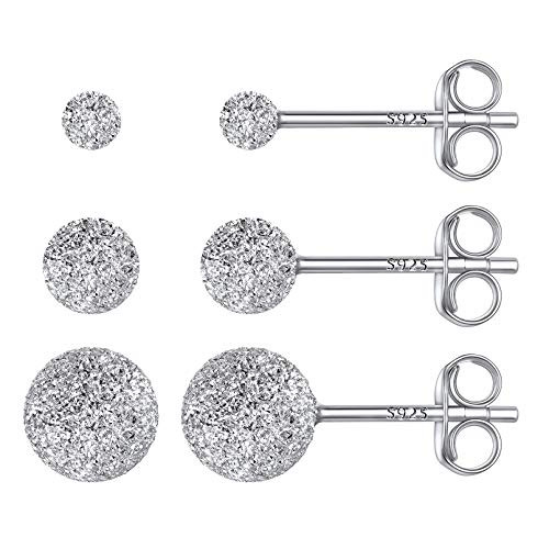 ChicSilver 925 Sterling Silver Matte Ball Stud Earrings for Women Men Girls Multiple Piercing Earring Set Small Bead Round Ball Stud Earrings for Sensitive Ear Hypoallergenic -3 pair 357mm-