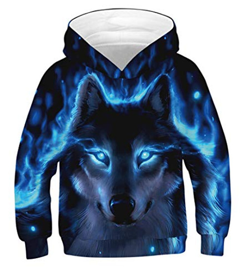 Ainuno Boys Hoodie Pullover Girls Cool Sweatshirts Wolf Print 3D Jacket Blue Black HoodyCool Wolf 6-8 Years Old
