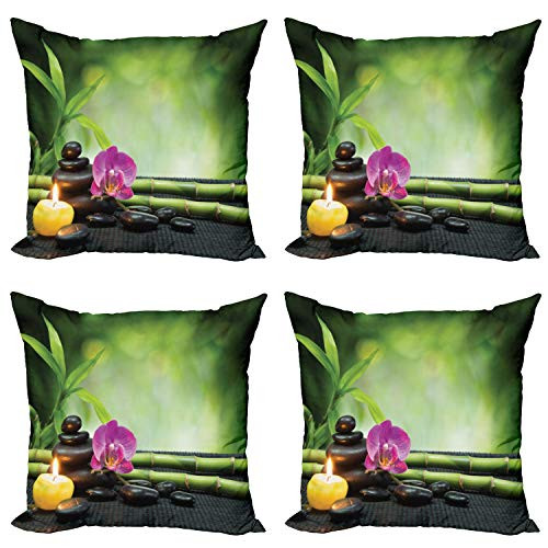 Ambesonne Spa Throw Pillow Cushion Case Pack of 4 Orchid Bamboo Stems Stones Japanese Alternative Feng Shui Elements Modern Accent Double-Sided Digital Printing 16" Apple Green Fuchsia