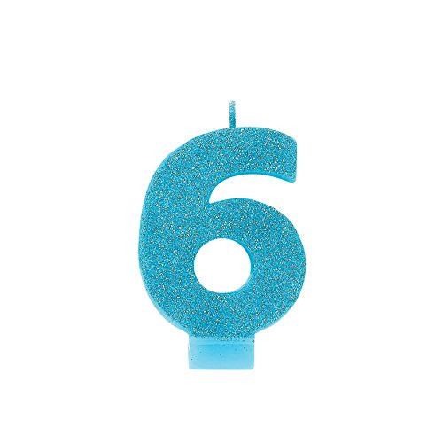 Amscan Birthday Celebration, Numeral #6 Glitter Candle, Party Supplies, Caribbean Blue, 3 1/4"