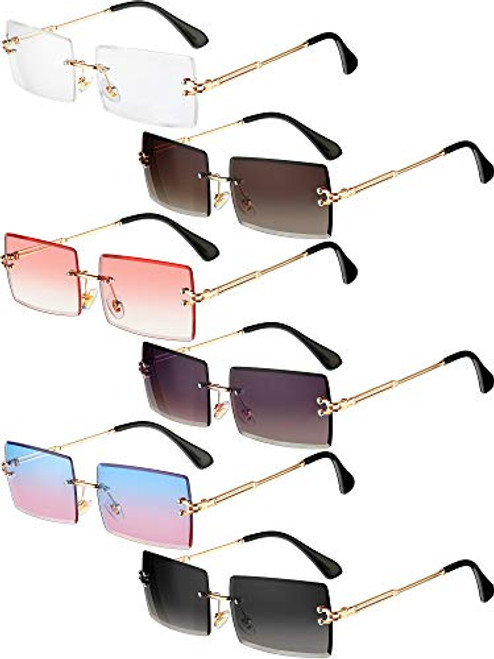 6 Pairs Rimless Rectangle Sunglasses Frameless Square Glasses Candy Color Unisex Glasses Eyewear for Women Men -Stylish Colors-