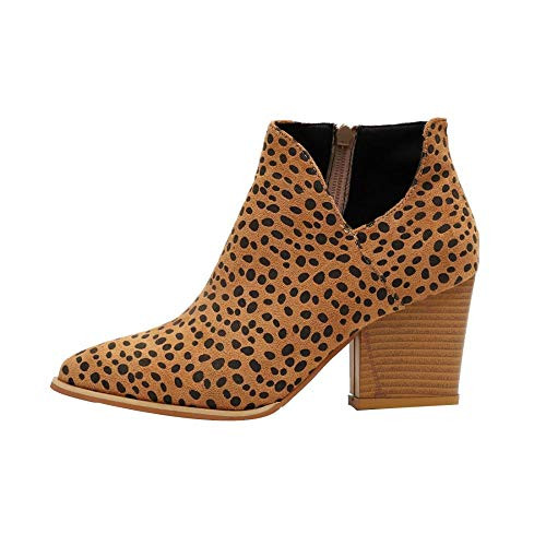 Ankle Boots for Women Fall Booties Chunky Stacked Mid Heel V Cutout Leopard Boots Pointed Toe Western Boots -Leopard7 M US-