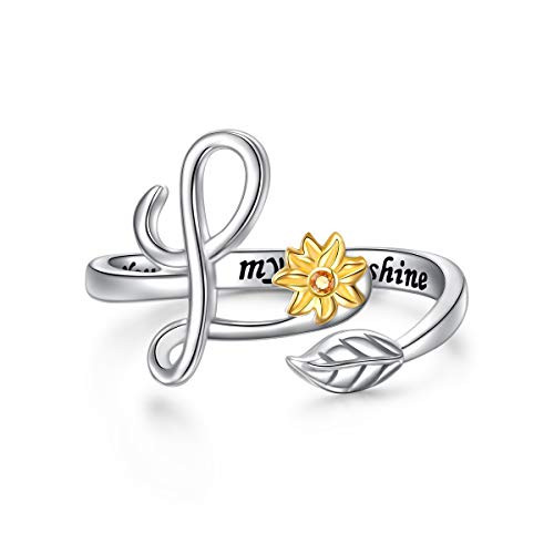 Sterling Silver Gold Tone Sunflower Initial 26 Letter Script Name Alphabet A to Z Resizable Ring for Size 5-9 -L-
