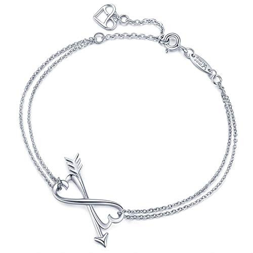 Infinity Bracelet-925 Sterling Silver Love Arrow Bracelet White Gold with Double Chains Adjustable Infinity Charm Bracelet Jewelry Gifts for Girls by AmorAime