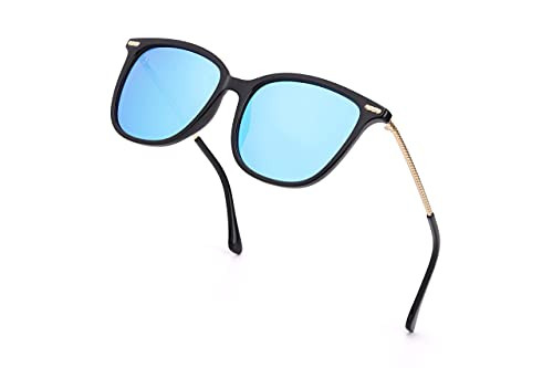 LVIOE Classic Square Polarized Sunglasses for Women with Mirrored Polarized Lens -Black Frame- Blue Mirror Polarized Lens Square Sunglasses for Women-