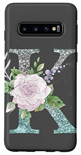 Galaxy S10 First Name Initial K Monogram Blue Rose Gray Background Case