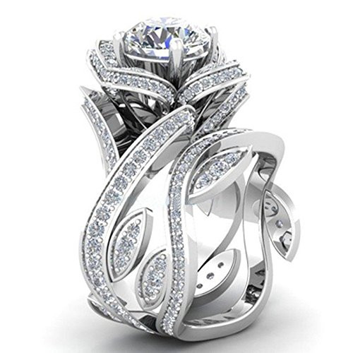 khamchanot Women's Fashion 925 Silver White Sapphire Lotus Ring Set Wedding Bridal Jewelry -7-
