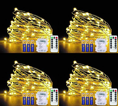 INDIGOOO 4 Pack of 50 LED Copper String LED Warm White Dimmable with Remote Control, Waterproof Decorative Lights for Bedroom, Garden, Wedding, Gate, Parties. (4Sets/50led)