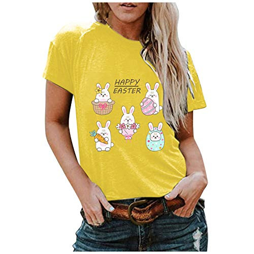 Women Easter Shirts Bunny Print Graphic T-Shirt Summer Short Sleeve O-Neck Casual Loose Tops Blouse Rabbit Tee-B-YellowL-