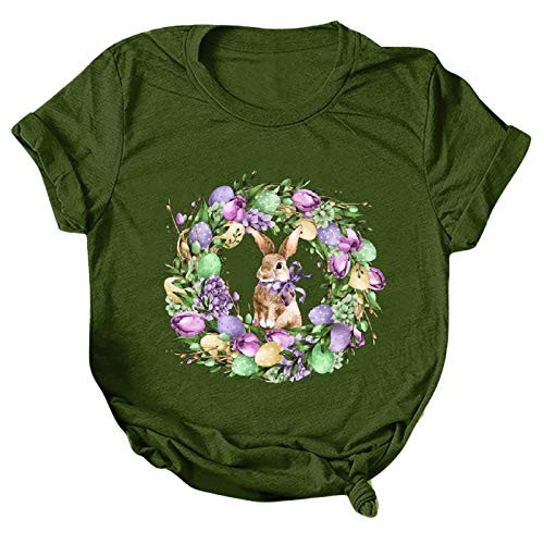 Women Easter Bunny Print Blouse Casual Letter Printing Short Sleeves T-Shirt Loose O Neck Tops -Army GreenL-