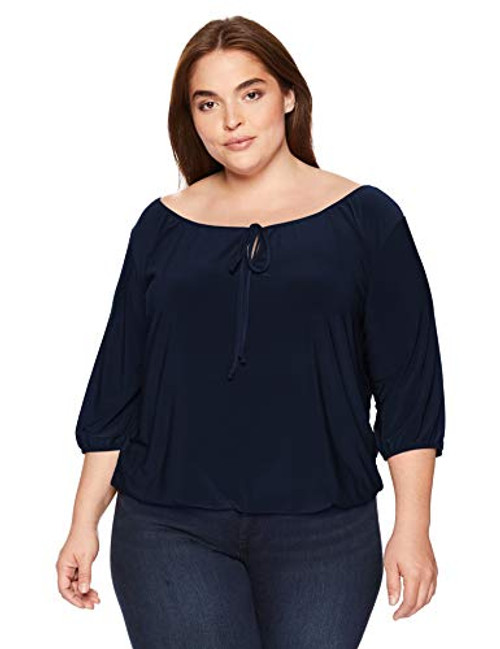 Star Vixen Women's Plus-Size 3-4 Sleeve Peasant Elastic-Hem Keyhole-Tie Top Navy 1X