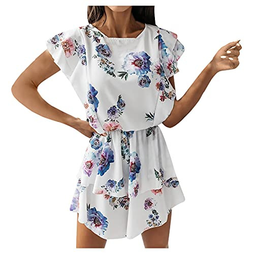 Smileyth Women's Ruffled Sleeveless Mini Dress Floral Print O-Neck Double Layer Summer Casual Loose Swing Dress