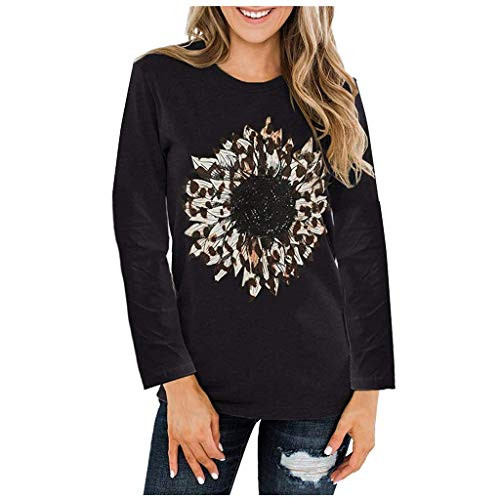 ESKNAS Womens Long Sleeve T Shirts Autumn Sunflower Print O-Neck Pullover Tops Sweatshirts Blouse-BlackM-