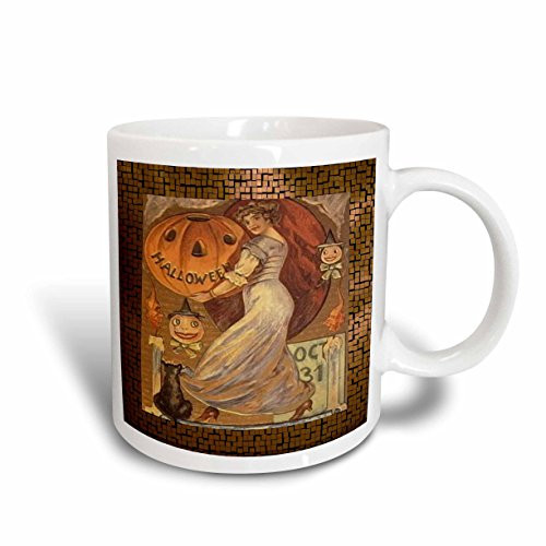3dRose Vintage Halloween Lady holding Jack o Lantern Ceramic Mug 15 oz Multicolor