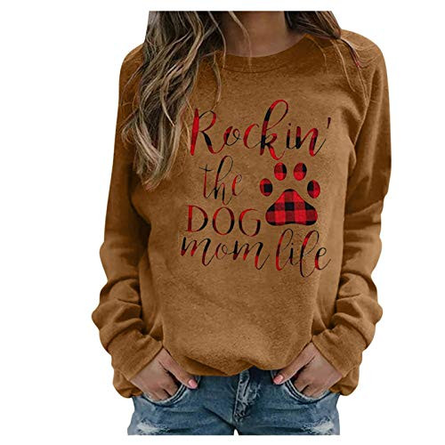 Lenago Women Casual Sweatshirt Loose Dog Paw Print Blouse Tops O-Neck Long Sleeve Pullover Tops -SBrown-