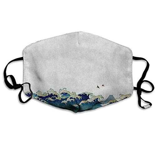 Activated Carbon Windproof maskJapanese Wave?Aquatic Swirls Birds of Ocean Ukiyo-e Style Artwork Greyscale BackgroundGrey Blue CreamFacial decorations for Unise adults
